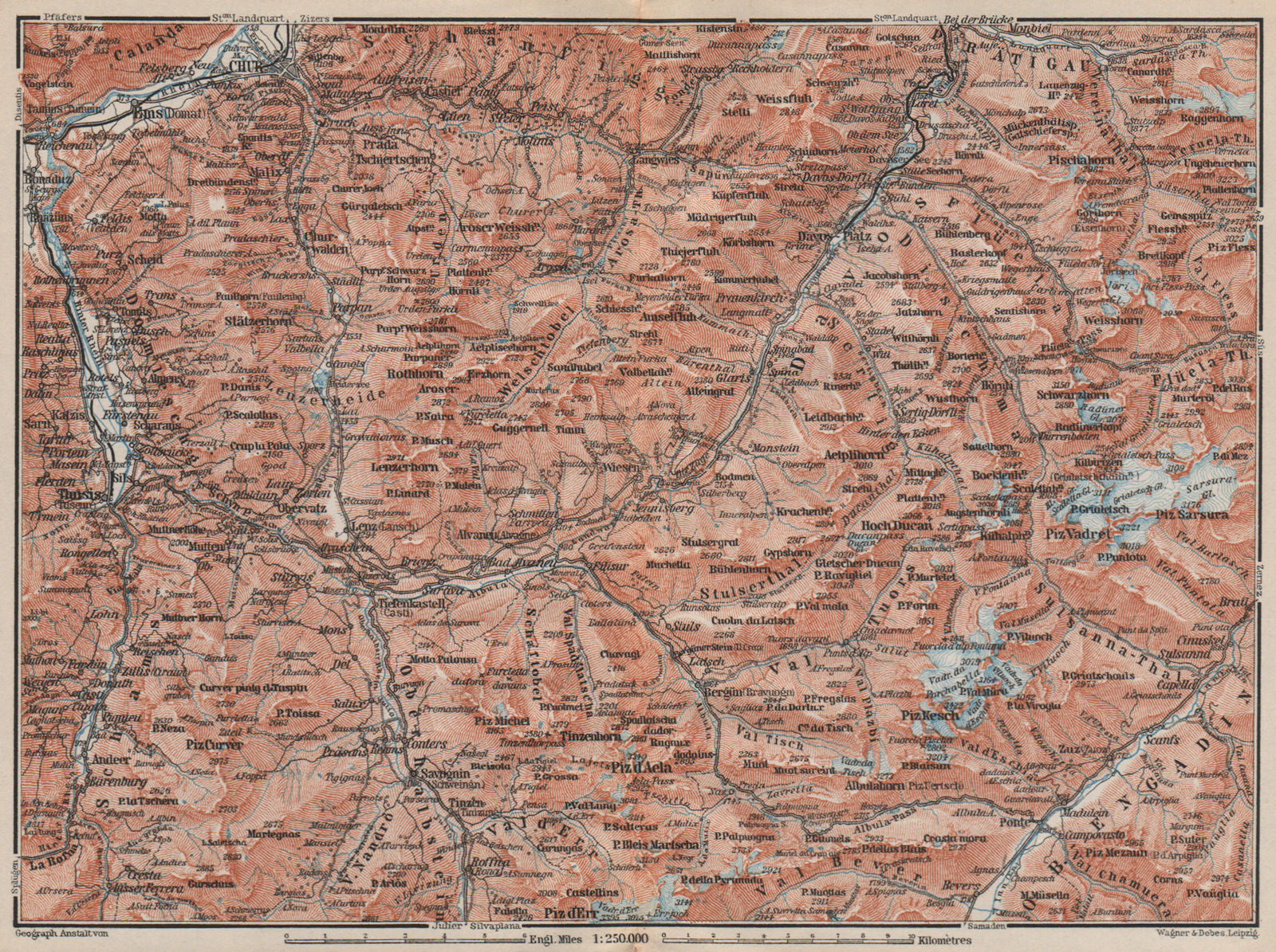 GRAUBÜNDEN/ALBULA ALPS. Chur-Samedan. Arosa Lenz Davos Savognin Thusis 1897 map